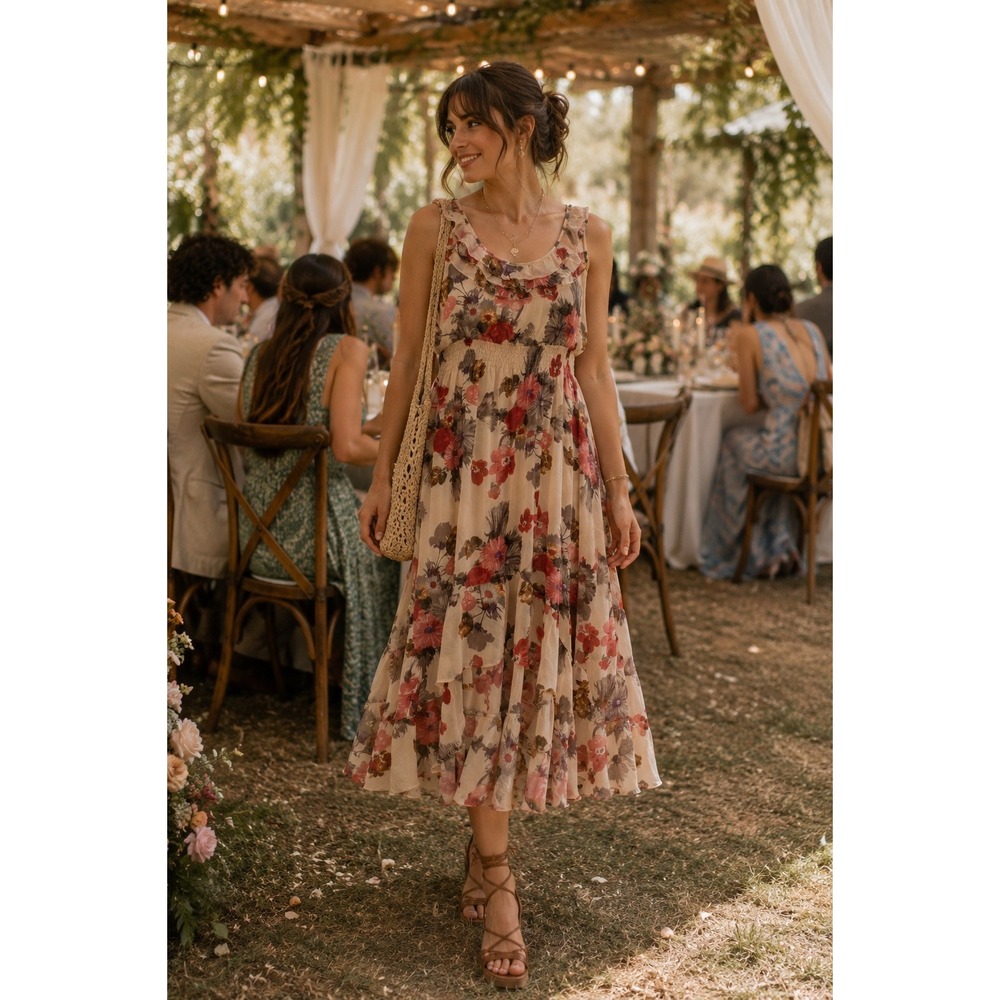 Boho Cottagecore Coquette Wedding Blu‎ Pepper Floral Cream Red Tier Midi L Dress